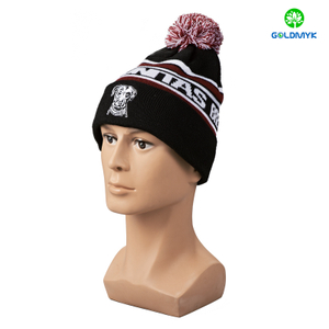 Black intasia pattern and flat embroidery Beanie hat with cuff