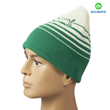 Green and white stripe beanie hat with flat embroidery