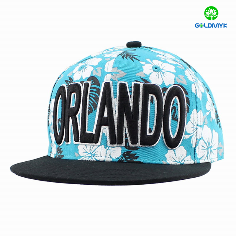 Manufacture Cotton Printing fabric snapback Hat with 3D embroidery