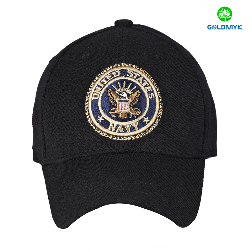 Black 100% acrylic six panel baseball cap with full embroidery patch