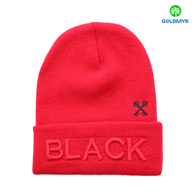 Red jersey knitted beanie hat with 3D embroidery on cuff