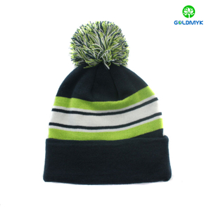 wholesale Stripe 100% acrylic plain color beanie hat with pom pom and cuff