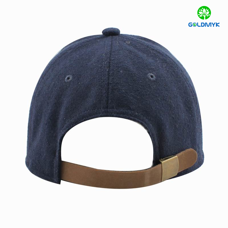 wool fabric baseball cap with suede visor and leather strap