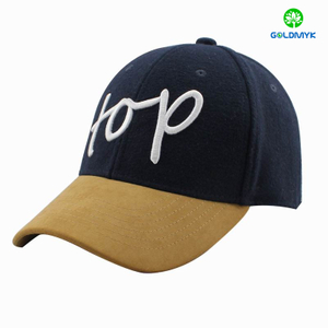 wool fabric baseball cap with suede visor and leather strap