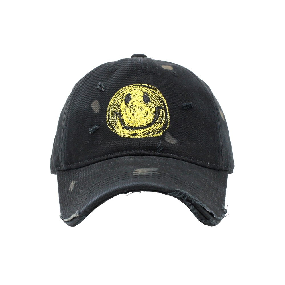 Fast Production Washed 6 Panels Baseball Cap And Hat with Customized Smile Flat Embroidery Logo