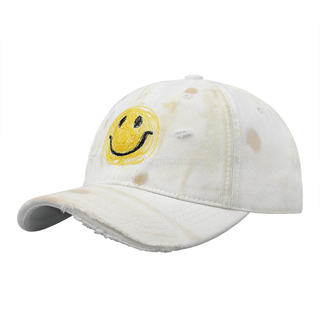 Custom White 100% Cotton Twill Fabric Custom Logo Smiling Face Acid Washing Baseball Cap Hat Can Custom Embroidery Of Women And Men