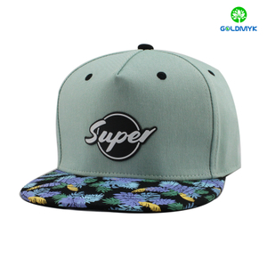 100% cotton snapback cap with rubber patch and flower printing visor