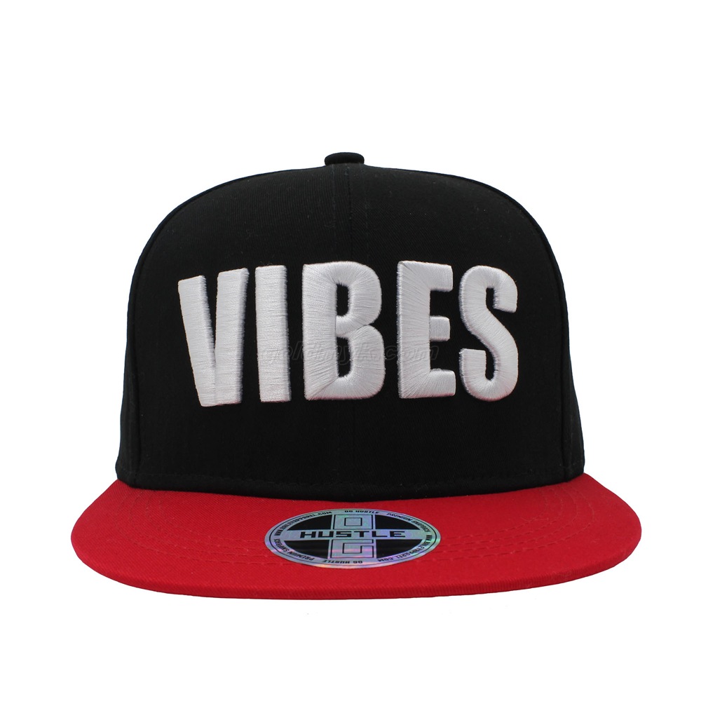 Wholesale Cotton Fabric Flat Bill Snapback Cap And Hat with Customized 3D Embroidery Logo And Sticker on Visor