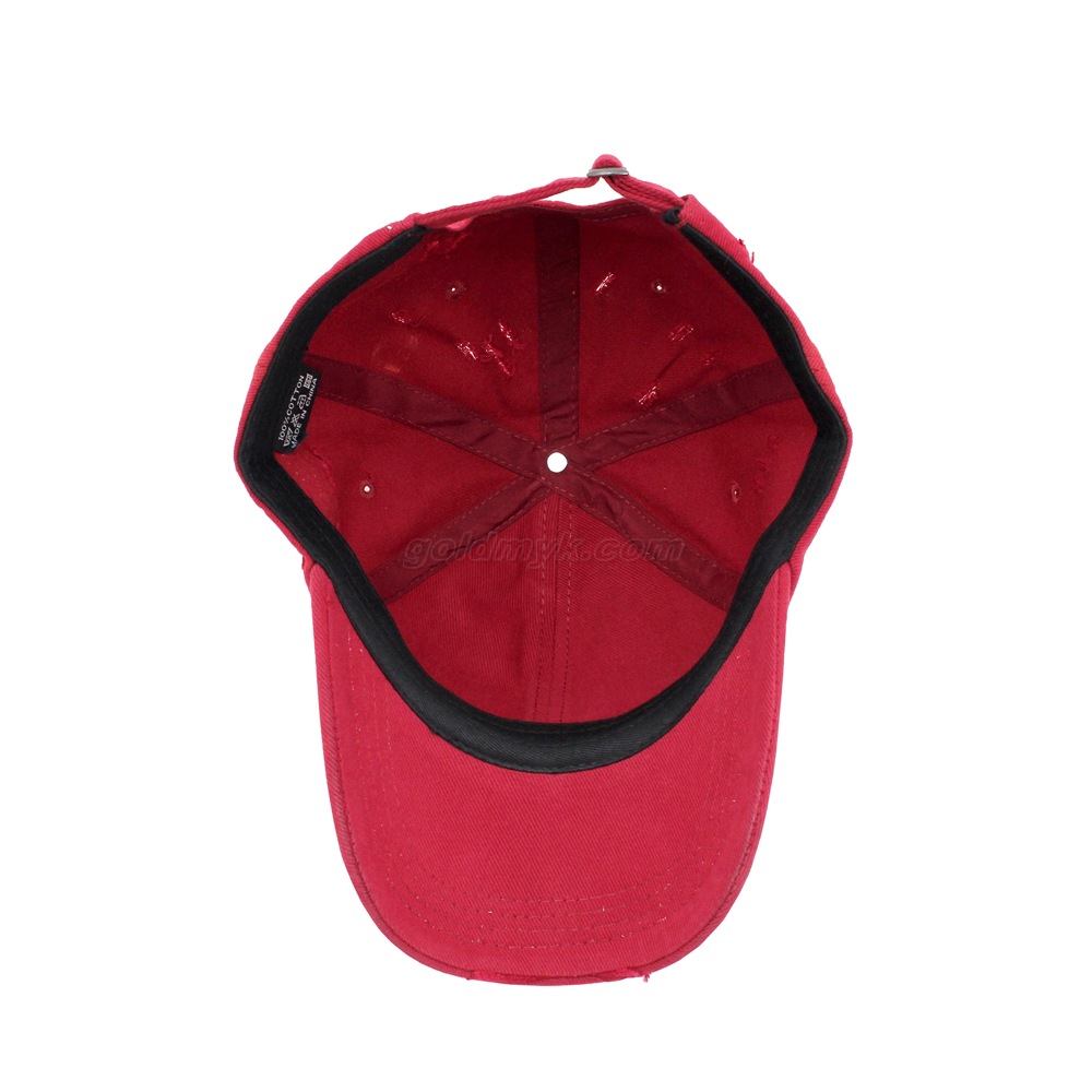 Custom Red Color 6 Panels Soft Cotton Fabric Washed Baseball Cap And Hat with Washed Holes And Curved Peak