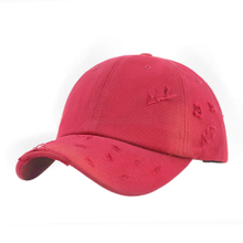 Custom Red Color 6 Panels Soft Cotton Fabric Washed Baseball Cap And Hat with Washed Holes And Curved Peak