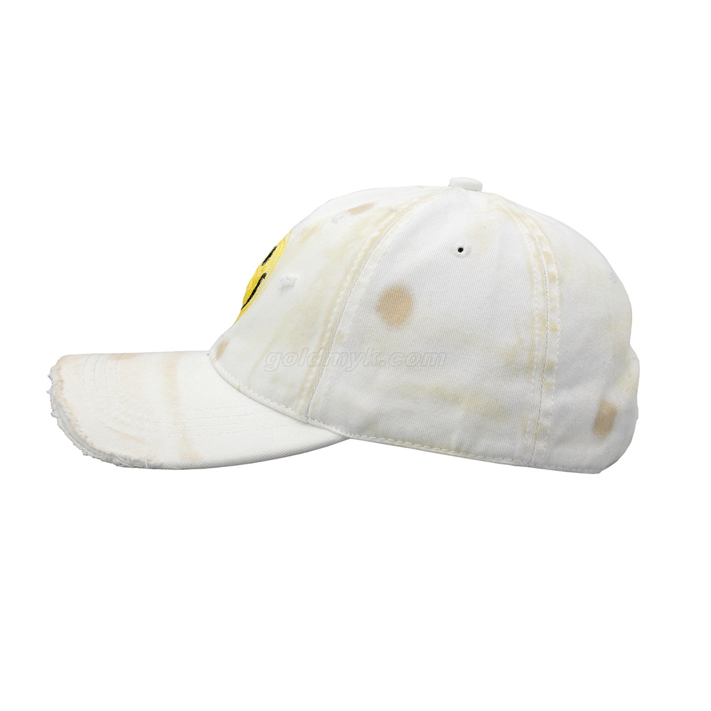 Custom White 100% Cotton Twill Fabric Custom Logo Smiling Face Acid Washing Baseball Cap Hat Can Custom Embroidery Of Women And Men