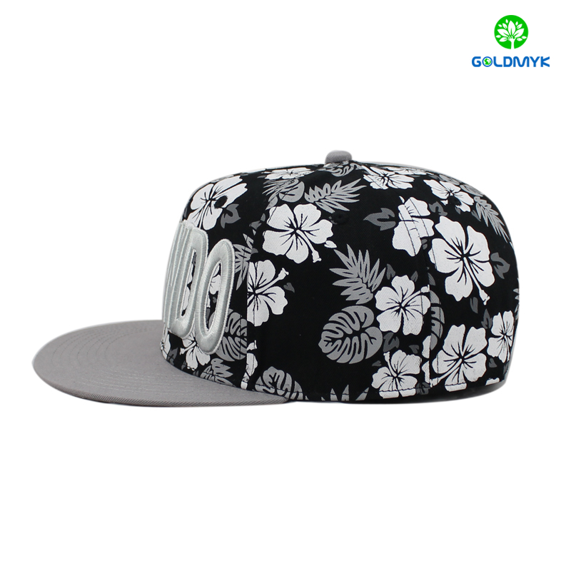 Six panel printing snapback cap with 3D embroidery