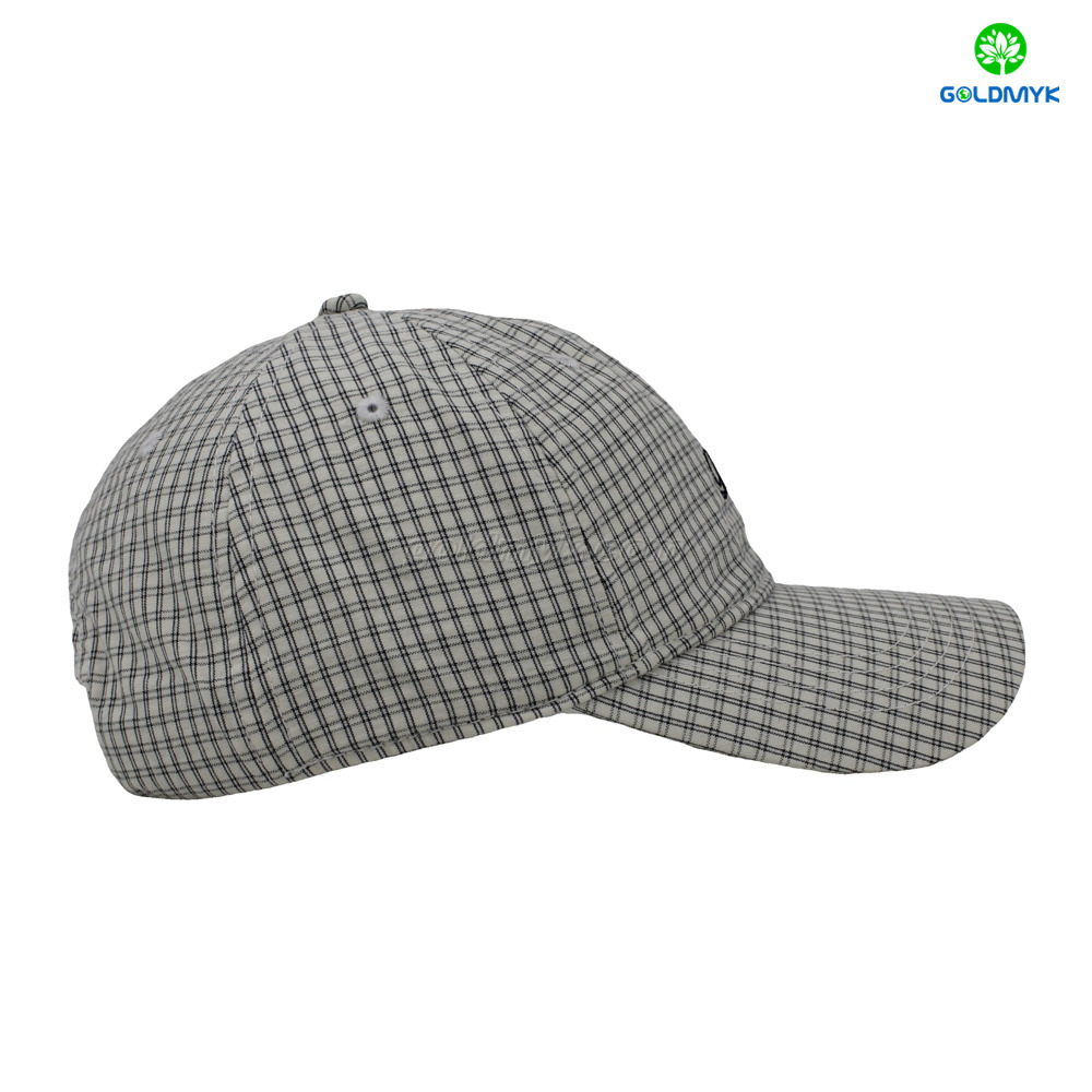 100% Polyester Flat Embroidery Checked Pattern Street Style Custom Fabric Cap Curved Brim 6-Panel Baseball Cap