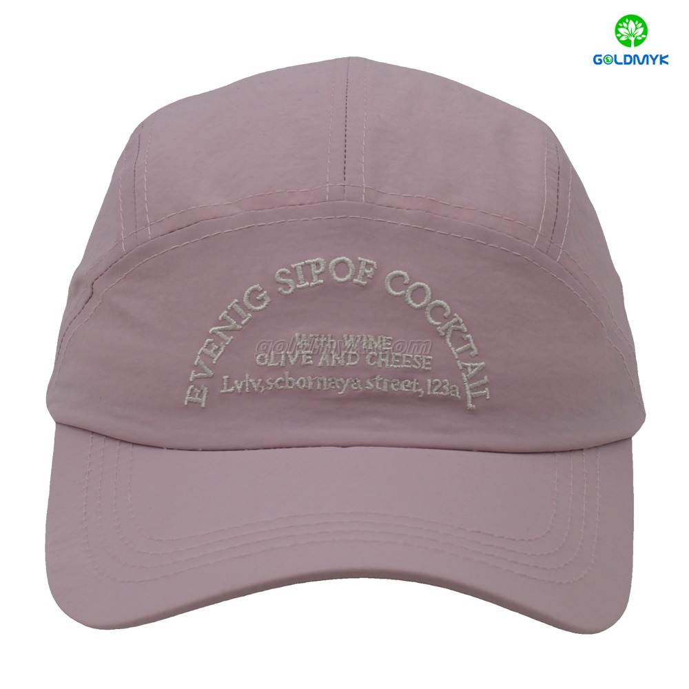 100% Polyester Pink Flat Embroidery Street Style Custom Fabric Cap Curved Brim 5-Panel Baseball Cap