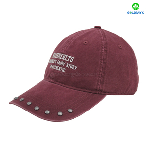 Red Flat Embroidery Style rivet Custom Fabric Cap Curved Brim 6-Panel Washed Cap
