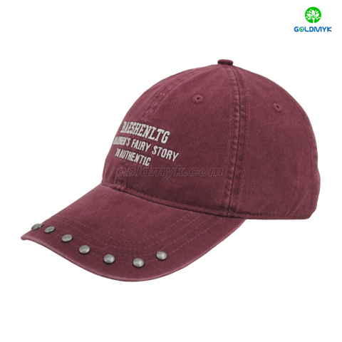 Red Flat Embroidery Style rivet Custom Fabric Cap Curved Brim 6-Panel Washed Cap