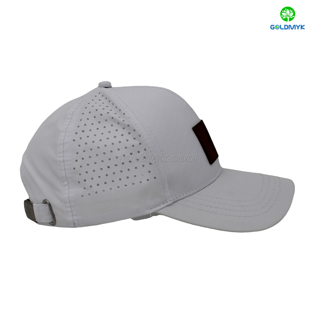 Laser Drilling Leather Patch White Street Style Custom Fabric Cap Curved Brim 6-Panel Trucker Mesh Caps