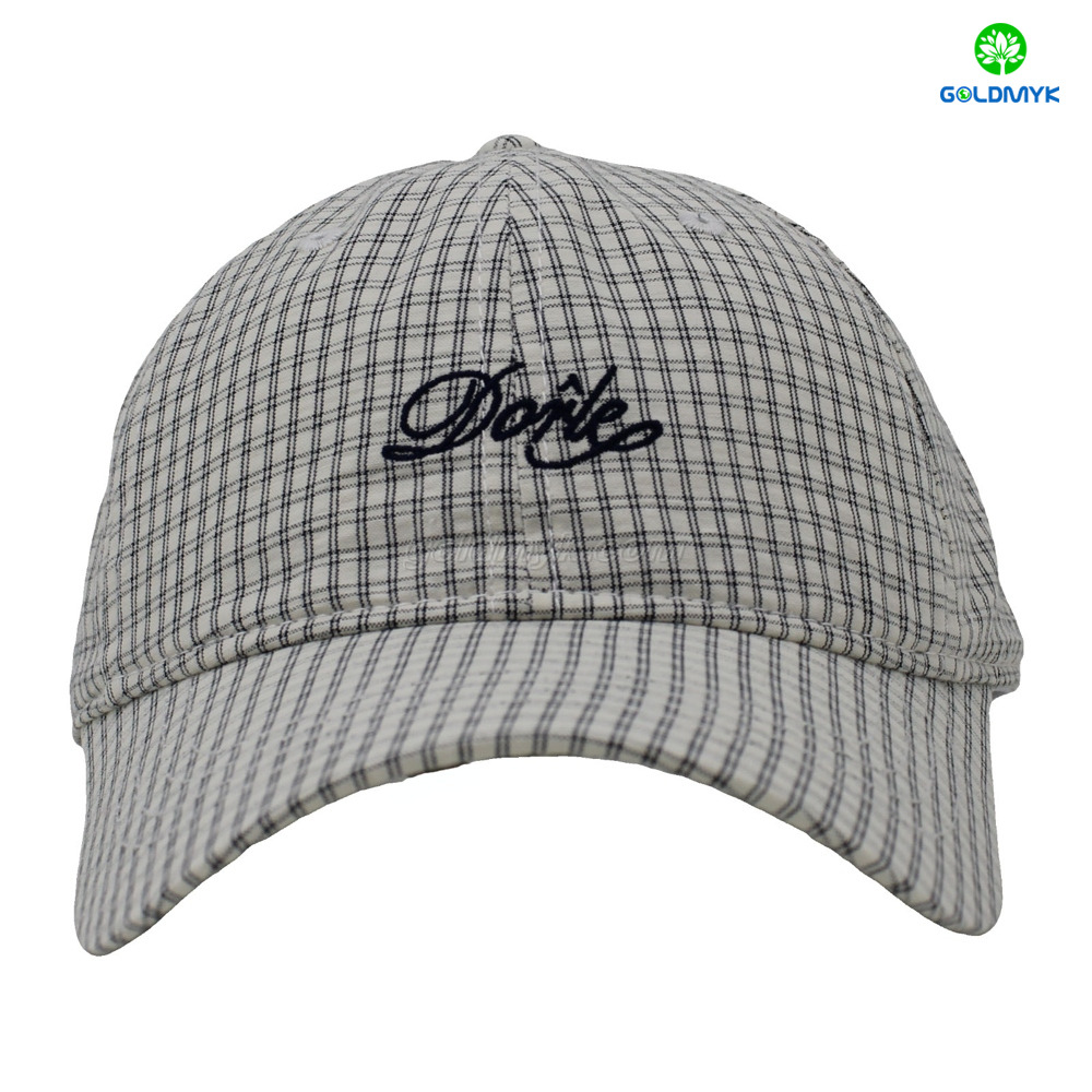 100% Polyester Flat Embroidery Checked Pattern Street Style Custom Fabric Cap Curved Brim 6-Panel Baseball Cap