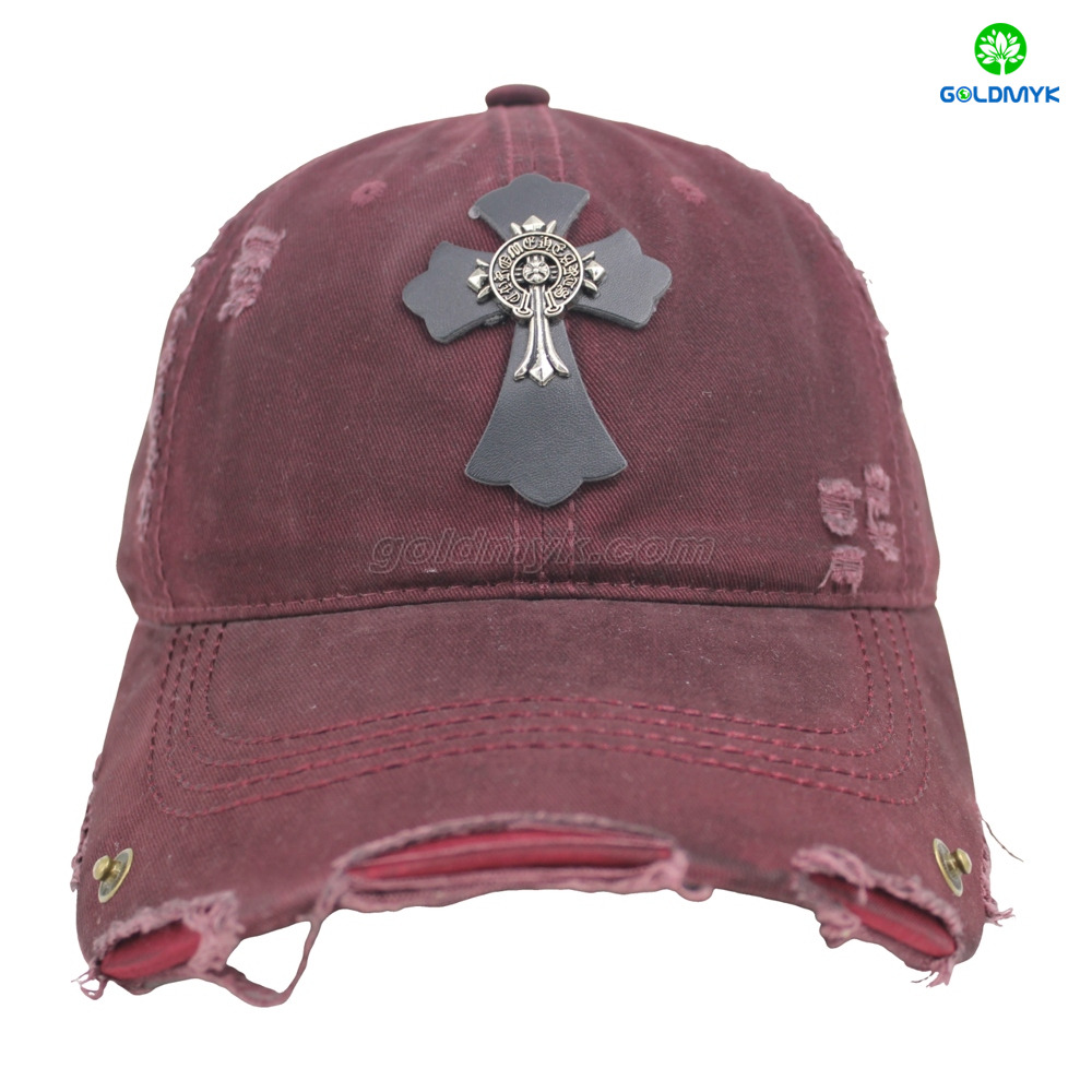 Red Distressed Vintage Baseball Cap with Metal Logo, Adjustable Dad Hat