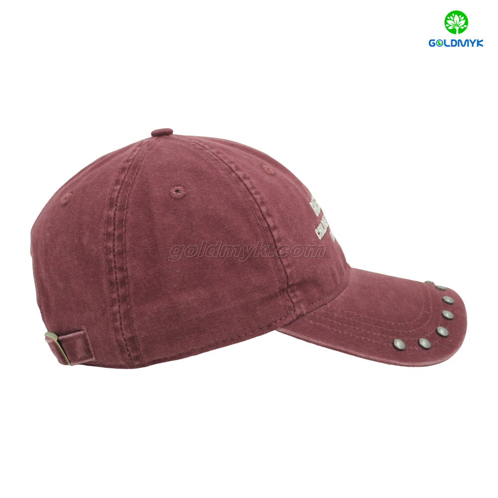 Red Flat Embroidery Style rivet Custom Fabric Cap Curved Brim 6-Panel Washed Cap