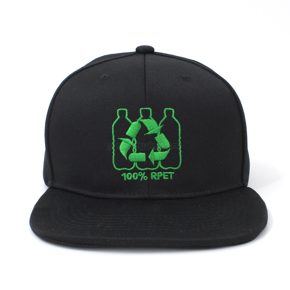 Small MOQ Custom 100% Polyester RPET Fabric Six Panels Flat Bill Snapback Cap And Hat with Embroidery Logo Design