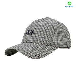 100% Polyester Flat Embroidery Checked Pattern Street Style Custom Fabric Cap Curved Brim 6-Panel Baseball Cap