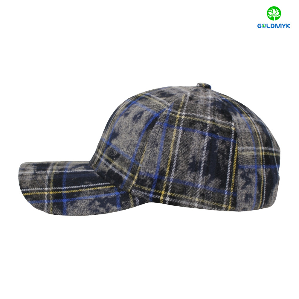 High Quality Cap with Checked Pattern Street Style Custom Fabric Cap Curved Brim 6-Panel Baseball Cap