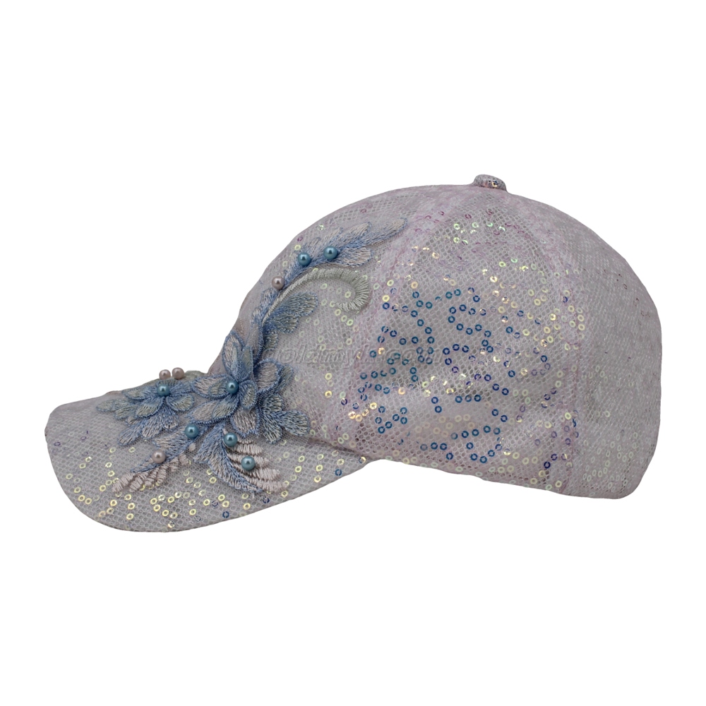 Sequins and Bead Embroidery Style Custom Fabric Cap Curved Brim 6-Panel Baseball Cap