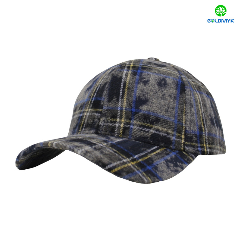 High Quality Cap with Checked Pattern Street Style Custom Fabric Cap Curved Brim 6-Panel Baseball Cap