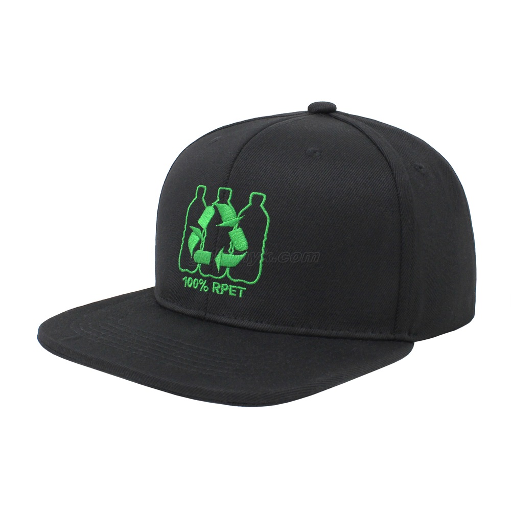 Small MOQ Custom 100% Polyester RPET Fabric Six Panels Flat Bill Snapback Cap And Hat with Embroidery Logo Design