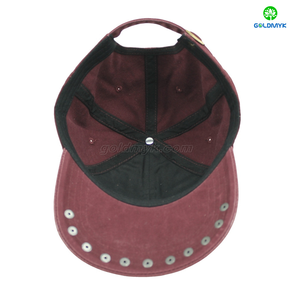 Red Flat Embroidery Style rivet Custom Fabric Cap Curved Brim 6-Panel Washed Cap