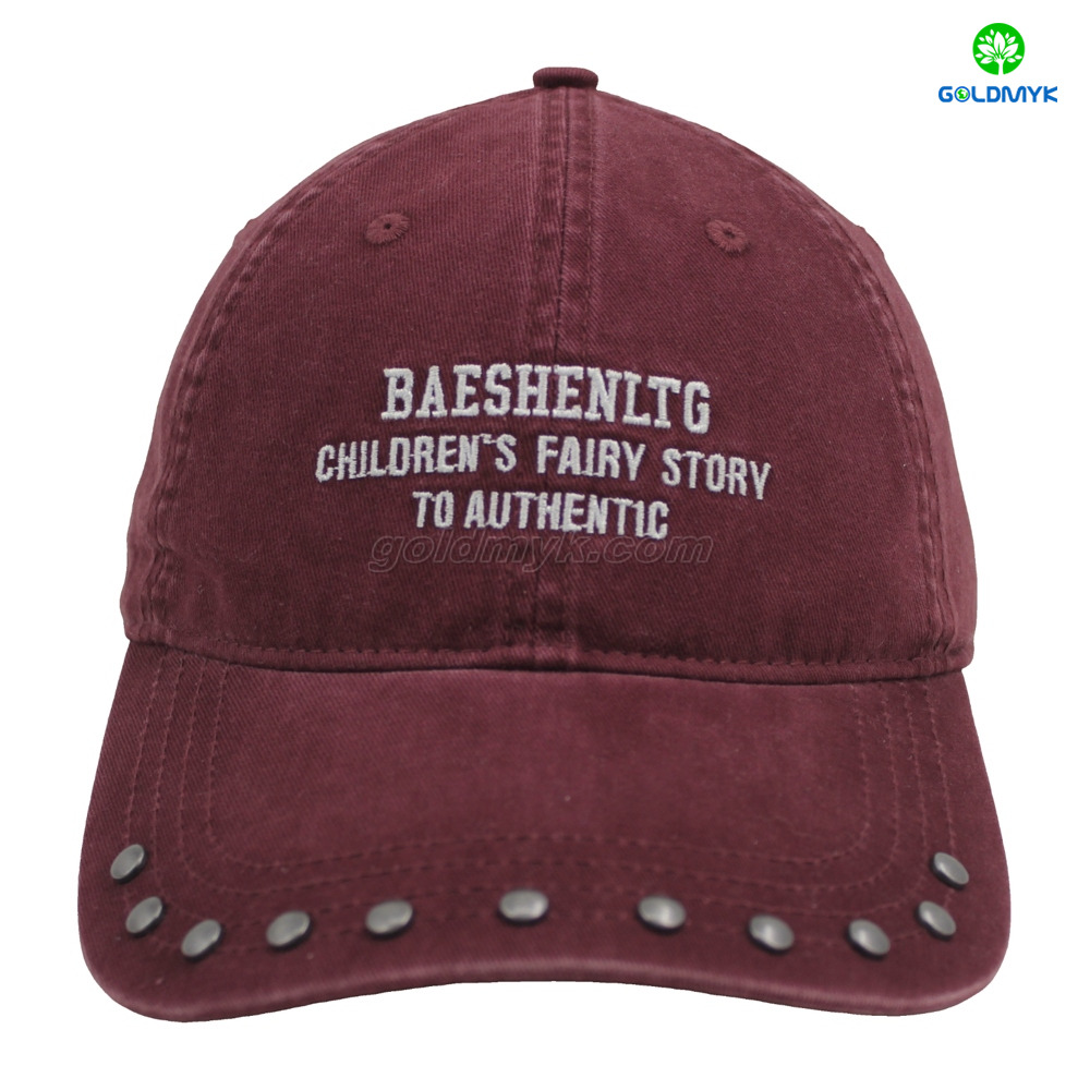 Red Flat Embroidery Style rivet Custom Fabric Cap Curved Brim 6-Panel Washed Cap