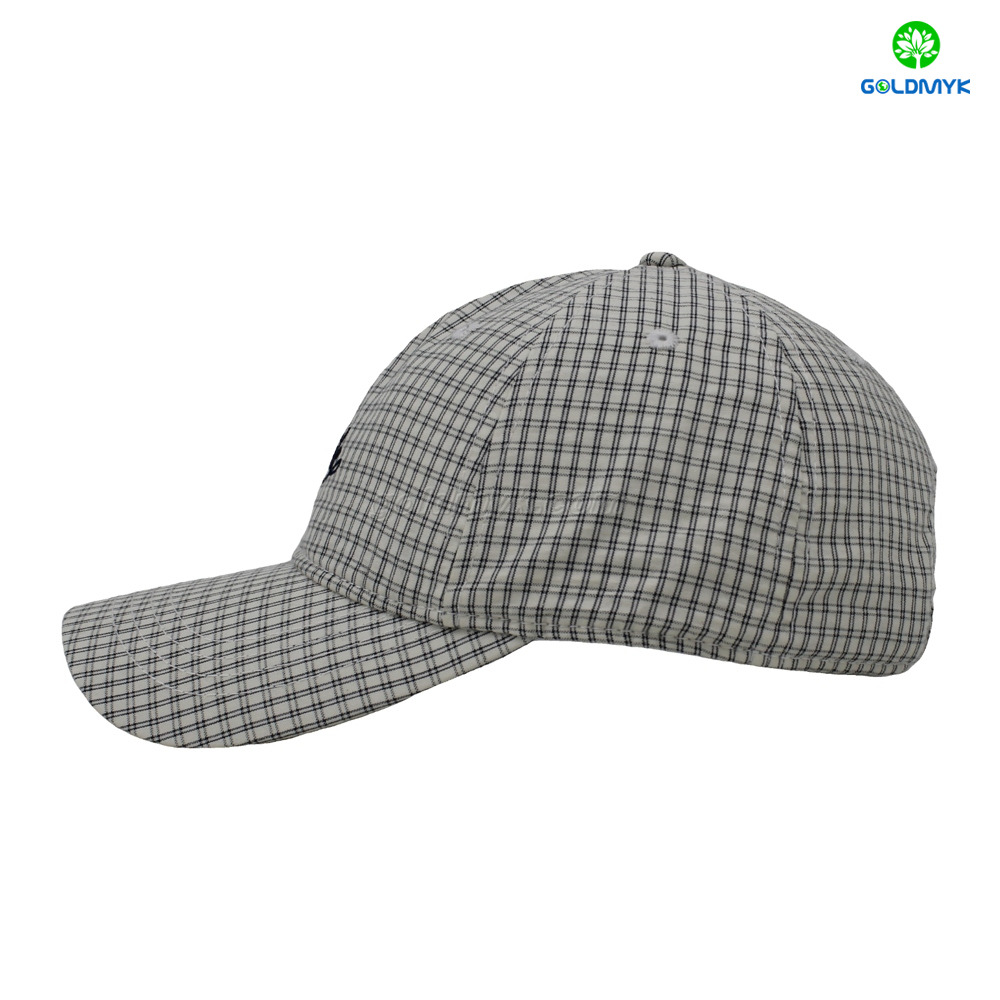 100% Polyester Flat Embroidery Checked Pattern Street Style Custom Fabric Cap Curved Brim 6-Panel Baseball Cap