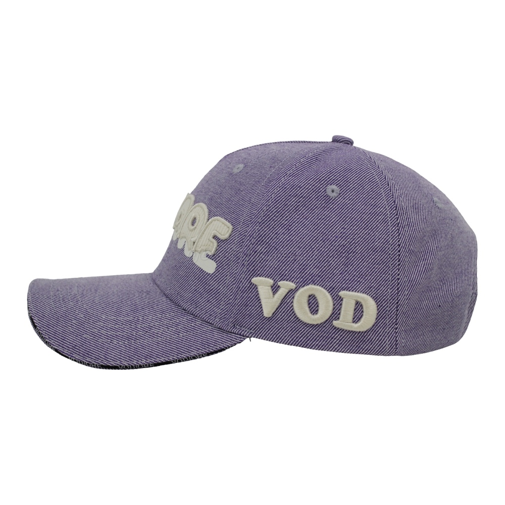 Custom Light Purple Cotton Twill Baseball Cap 3D Puff Embroidery VODIORE Logo Curved Brim Streetwear Dad Hat
