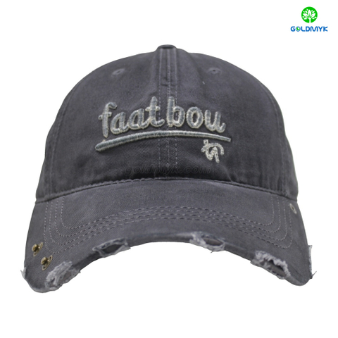 Distressed Washed Cotton Cap with Letter Embroidery & Metal Rivets