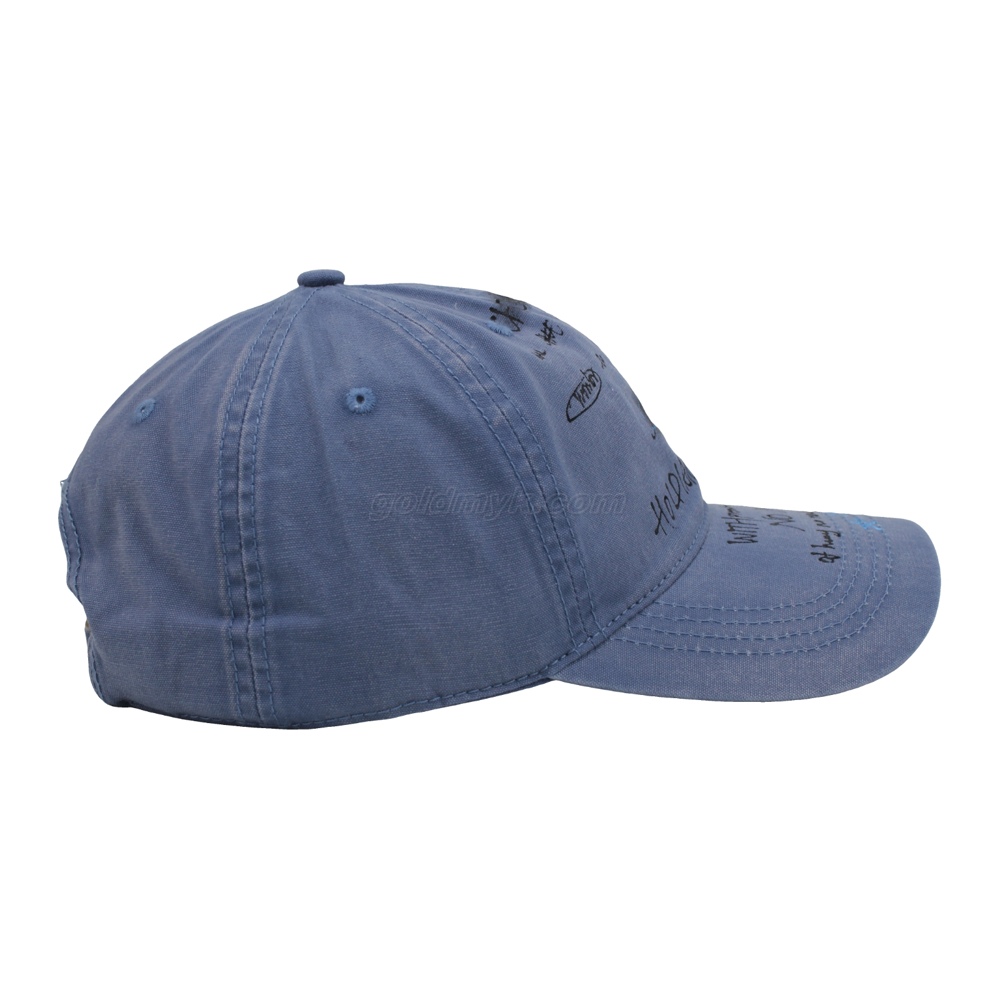 Washed Coated Blue Baseball Cap With Custom Print, Vintage Waterproof Casual Sports Hat