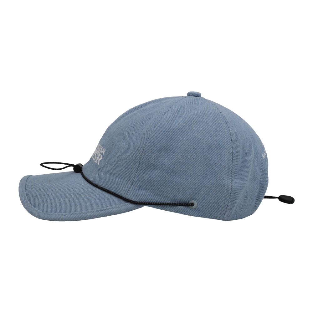 Light Blue Washed Denim Baseball Cap with Embroidered Logo & Adjustable Drawstring
