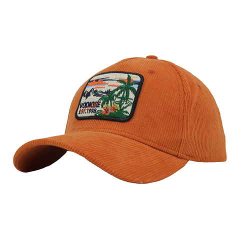 Orange Corduroy Baseball Cap with Tropical Palm Tree Embroidery Patch Vintage 1998 Outdoor Dad Hat