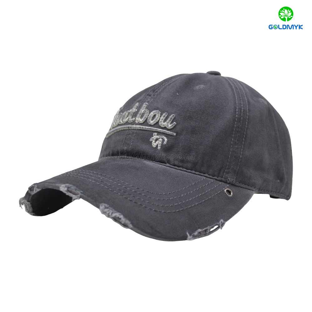 Distressed Washed Cotton Cap with Letter Embroidery & Metal Rivets