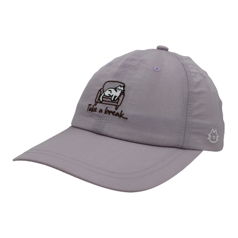 Dusty Lavender Lightweight Quick Dry Nylon Dad Hat Lazy Cat "Take a break" Embroidery Curved Brim Casual Outdoor Baseball Cap
