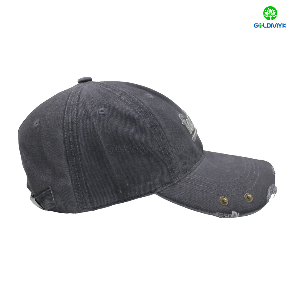 Distressed Washed Cotton Cap with Letter Embroidery & Metal Rivets