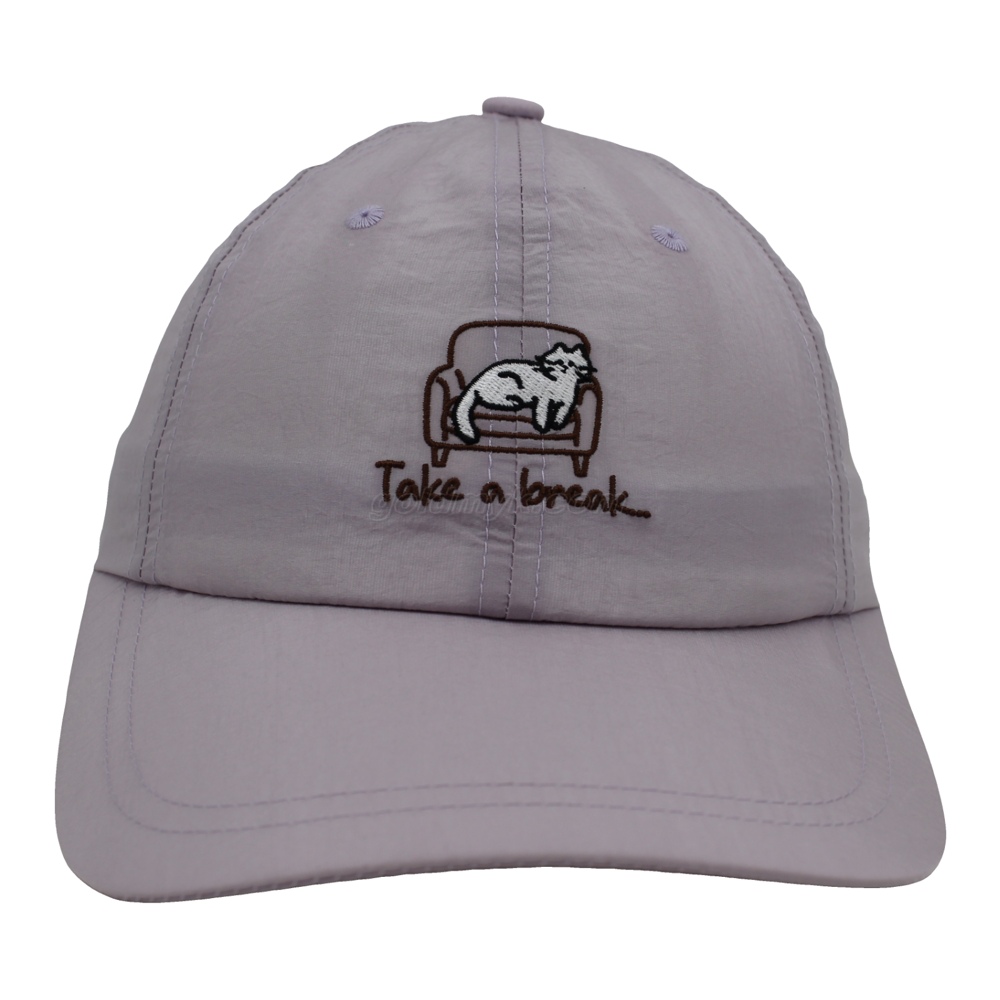 Dusty Lavender Lightweight Quick Dry Nylon Dad Hat Lazy Cat "Take a break" Embroidery Curved Brim Casual Outdoor Baseball Cap